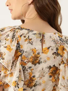 Slenor Floral Printed Flared Sleeve Crepe Peplum Top