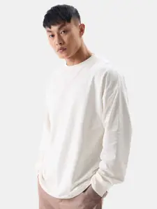 The Souled Store White Drop Shoulder Sleeves Pure Cotton Oversized T-shirt