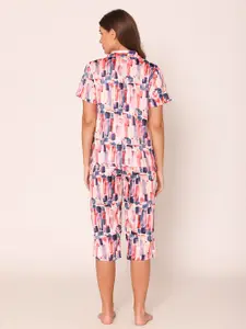 Vami Abstract Printed Shirt & Capri Satin Night Suit