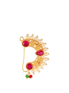 Vighnaharta Set Of 2 Gold-Plated Stone-Studded & Beaded Nose Ring