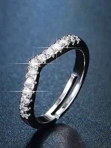 Jewels Galaxy Silver-Plated American Diamond Studded V-Shaped Finger Ring