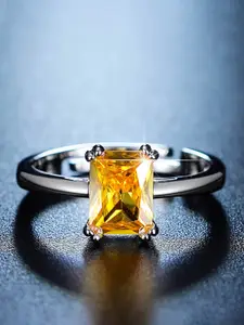 Jewels Galaxy Silver-Plated Crystal-Studded Rectangular Adjustable Finger Ring