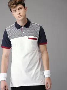 Moda Rapido Men White & Navy Blue Striped Polo Collar T-shirt