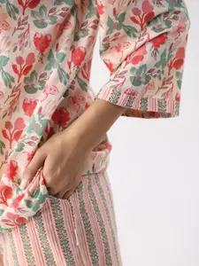 JISORA Red & Beige Floral Printed Shirt Collar Pure Cotton Top & Trousers