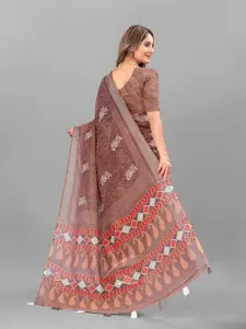 Anouk Brown & White Ethnic Motifs Printed Pure Linen Saree