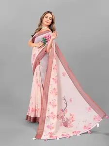 Anouk Off White & Pink Floral Printed Zari Pure Linen Saree