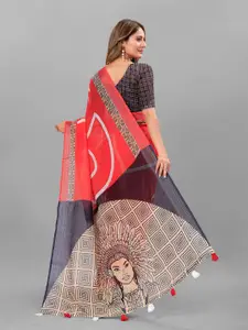 Anouk Red & Black Ethnic Motifs Printed Pure Linen Saree