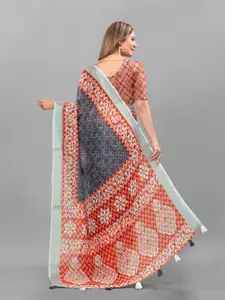 Anouk Grey & Orange Ethnic Motifs Printed Zari Pure Linen Saree