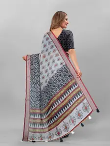 Anouk Off White & Black Ethnic Motifs Printed Pure Linen Saree