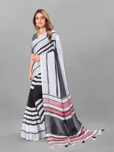 Anouk White & Black Striped Pure Linen Saree