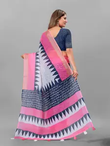 Anouk Off White & Pink Ethnic Motifs Printed Zari Pure Linen Saree