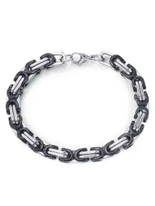 Peora Men Silver-Toned & Black Stainless Steel Link Bracelet