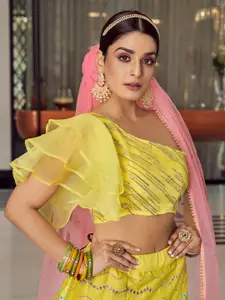 ODETTE Embellished Mirror Work Semi-Stitched Lehenga & Unstitched Blouse With Dupatta