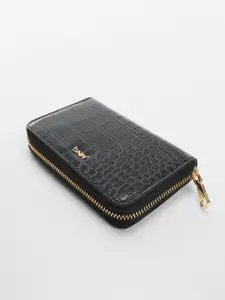 MANGO Women Croc Textured Zip Around Wallet