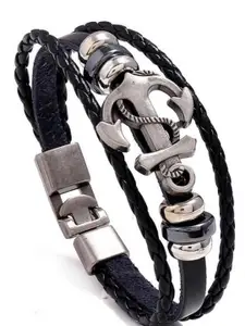 MEENAZ Silver-Toned & Black Leather Antique Silver-Plated Wraparound Bracelet