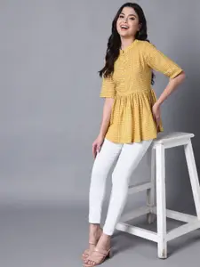 KALINI Checked Mandarin Collar Gathered Or Pleated Cotton A-Line Longline Top