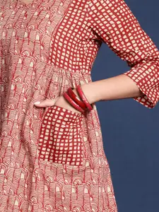 Taavi Bagru Hand Block Geometric Printed V-Neck Pure Cotton Kurti