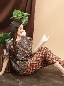 Claura Grey & Orange Floral Printed Pure Cotton Night Suit