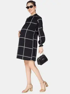 angloindu Checked Round Neck Cuffed Sleeve Gathered Maternity A-Line Dress