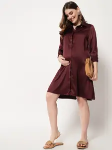 angloindu Shirt Collar Cuffed Sleeve Maternity Shirt Dress