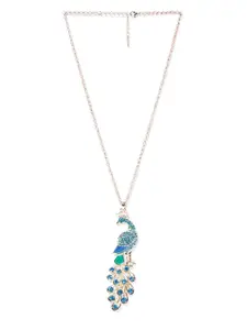 YouBella Blue & Gold-Toned Peacock-Shaped Stone-Studded Pendant with Chain
