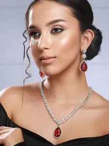 Priyaasi Silver-Plated AD Studded & Beaded Necklace & Earrings