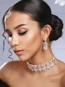 Priyaasi Rose Gold-Plated Kundan-Studded Necklace With Earrings & Maang Tika