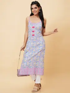 Globus Blue Floral Printed Shoulder Straps Pure Cotton Straight Kurta