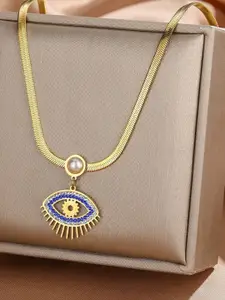 MYKI Gold-Plated CZ-Studded Evil Eye Pendant With Chain