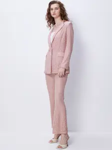 COVER STORY Pink Self Designed Lace Single Breasted Formal Blazer