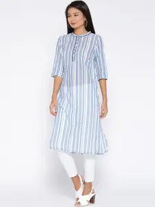 AURELIA Women Blue & White Striped Straight Kurta