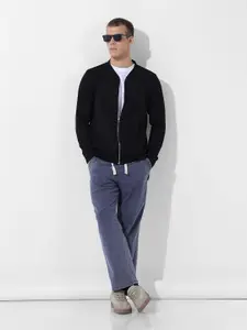 The Indian Garage Co Men Regular Fit Self Design Front Open Baseball Neck Sweatshirt