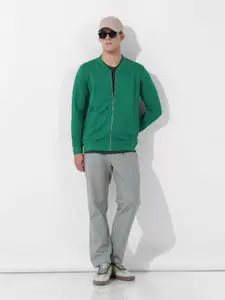 The Indian Garage Co Men Regular Fit Self Design Front Open Baseball Neck Sweatshirt