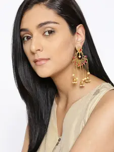Jewels Galaxy Pink Gold-Plated Stone-Studded Handcrafted Tasselled Drop Earrings