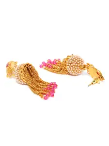 Jewels Galaxy Pink Gold-Plated Handcrafted Beaded Tasselled Dome Shaped Jhumkas