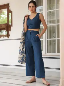 JISORA Blue & Cream Coloured Floral Printed V Neck Top, Shrug & Palazzos