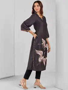 Likha Round Neck Floral Printed Straight Kurta