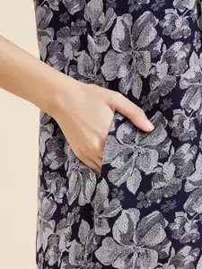 Sweet Dreams Navy Blue & Grey Floral Printed Pure Cotton Maxi Nightdress