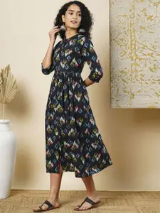 Globus All Over Printed Collar Button A-Line Midi Ethnic Dress