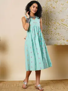 Globus V-Neck Flared Cotton Midi Ethnic Dress