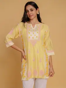 HOUSE OF KARI Floral Embroidered Notch Neck Chanderi Silk Straight Short Kurta