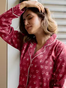 MIRCHI FASHION Lapel Collar Pure Cotton Printed Night suit