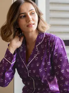 MIRCHI FASHION Floral Printed Lapel Collar Pure Cotton Night suit