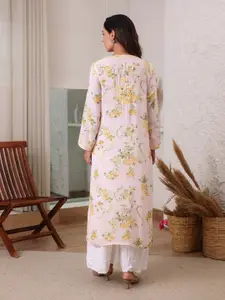 Rangreza Ethnic Floral Embroidered Chikankari Keyhole Neck Straight Kurta