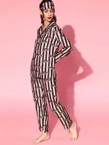 DRAPE IN VOGUE Lapel Collar Striped Printed Night suit