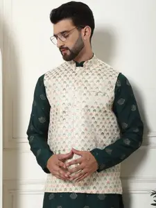 SOJANYA Geometric Embroidered Sequinned Cotton Silk Kurta With Churidar & Nehru Jacket
