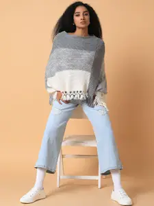 SHOWOFF Women Solid Colourblocked Longline Poncho with Fringed Detail