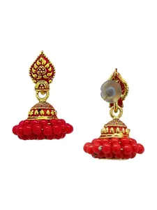 Anouk Red Gold Plated Beaded Dome Shaped Meenakari Jhumkas