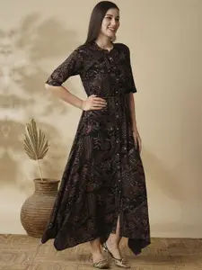 Globus Ethnic Print Mandarin Collar Asymmetric Hem A-Line Fusion Maxi Dress With Dori