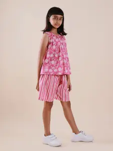 Sangria Girls Floral Printed Pure Cotton Top With Shorts